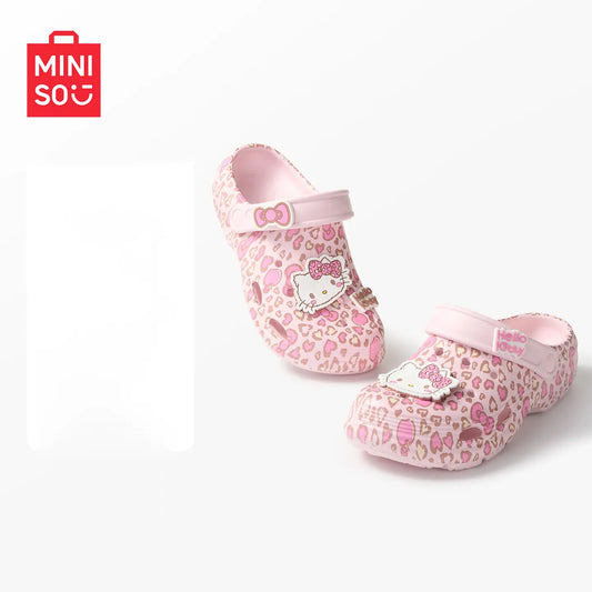 MINISO Hello Kitty Leopard Print Pink Platform Clogs for Women, Cute Kawaii Style Non-Slip Beach Sandals with Comfortable Thick Sole, Lightweight EVA Material, Perfect for Summer Outdoor Daily Wear, Ideal Gift for HK & SR Fans